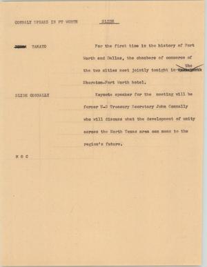 Primary view of object titled '[News Script: Connaly speaks in Ft. Worth]'.