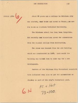 Primary view of object titled '[News Script: SMU cornerstone]'.