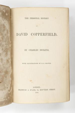 Single page of a book is shown. The page says The Personal History of David Copperfield. The lines of words are spaced apart.