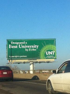 Primary view of object titled '[UNT "Designated a Best University by Forbes" billboard]'.