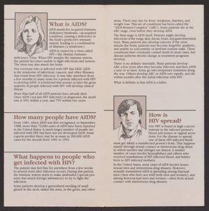 A booklet open to four panels. The panel on the left has the front cover. The panel second from the left has a graphic of a woman at the top, with three sections of text. The panel second from the right has two sections of text with a graphic of a man in the second section. The panel on the right is a big section of text with a red title.