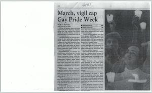 Primary view of object titled '[Clipping: March, vigil cap Gay Pride Week]'.