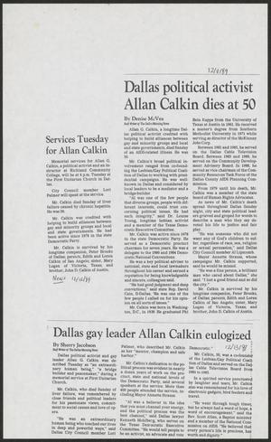 Primary view of object titled '[Clipping: Dallas political activist Allan Calkin dies at 50]'.