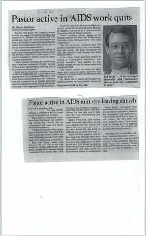 Primary view of object titled '[Clipping: Pastor active in AIDS work quits]'.