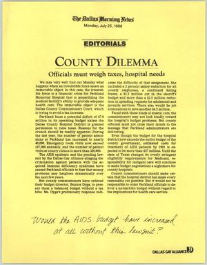 Primary view of object titled '[Clipping: County Dilemma: Officials must weigh taxes, hospital needs]'.