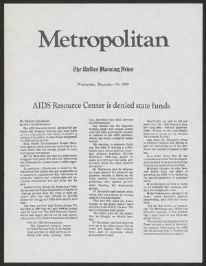 Primary view of object titled '[Clipping: AIDS Resource Center is denied state funds]'.