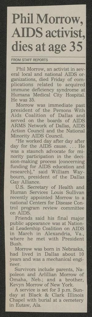 Primary view of object titled '[Clipping: Phil Morrow, AIDS activist, dies at age 35]'.