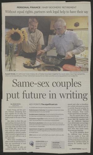 Primary view of object titled '[Clipping: Same-sex couples put future in writing]'.