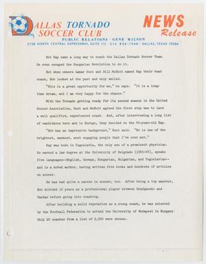 A white page with the letter D and soccer symbol in the top left corner. It is titled Dallas Tornado Soccer Club. The top right of it says News Release in orange. The rest of the letter is black text, consisting of several paragraphs.
