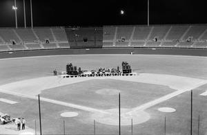 Primary view of object titled '[Stage on the baseball field at Arlington Stadium, 2]'.