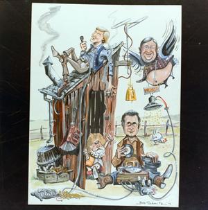 Primary view of object titled '[Photograph of a caricature drawing of Don Harris, Jim Baker, and Dick Yaws by an outhouse, 8]'.