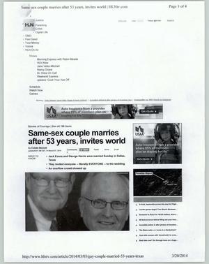 Primary view of object titled '[Clipping: Same-sex couple marries after 53 years, invites world]'.