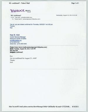 Primary view of object titled '[Email from Kee Holt to Evans Harris, August 10, 2011]'.