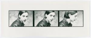 A portrait of three pictures side by side each other. Each is of the same woman with short slick hair, wearing a black leather jacket. In the left panel the woman looks towards the camera. The middle she is looking sideways, and on the right her eyes are closed.