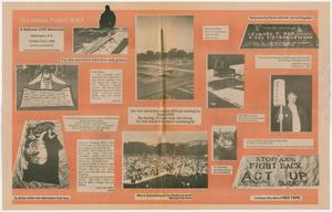 Una página naranja llena de un montón de recortes de periódicos, incluyendo fotos.