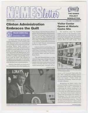 A newspaper page, with words Names letter on it at the top in purple. Under it is the title Clinton Administration Embraces the Quilt, followed by two columns. The right side of the page is titled Visitor Center, followed by text and a photo of a room of objects. The bottom left of the page is of Bill Clinton at a podium.