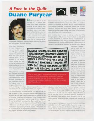 A white newsletter titled A Face In The Quilt in the top left corner in red, under that is the name Duane Puryear in blue. To the right are symbols for foundations. Under the titles on the left is a picture of a man with a moustache. The rest of the newsletter is two columns of text, the middle of the page broken by a quote in big letters.