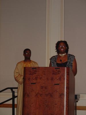 Primary view of object titled '[Two student speakers during BHM banquet 2006]'.
