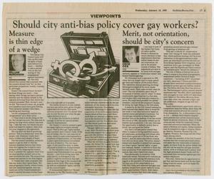Primary view of object titled '[Clipping: Should city anti-bias policy cover gay workers?]'.