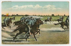 Postcard illustration showing several men riding horses, some hold a yellow flag. They are riding on a large field.