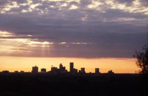 Primary view of object titled '[Houston skyline at dusk]'.