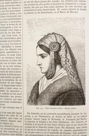 An illustration of a woman on a page with a head garment. It is on the right column of a two column page.