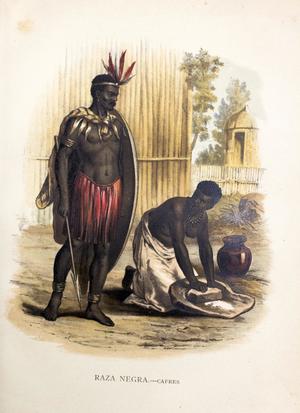 A painting of two men on a white page. One of them wears no shirt and a feathered headband, next to him is a man kneeling with a white skirt on. There are huts behind them.