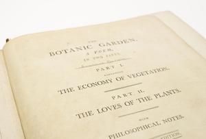 Closeup of a titled page, some of the words seen are Botanic Garden, in bold letters.