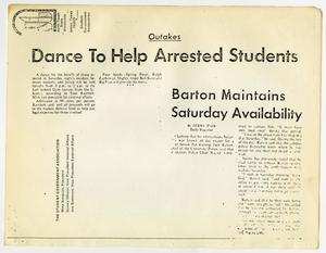 Una página de publicidad titulada Baile para ayudar a los estudiantes detenidos en letras grandes de color negro. Abajo, a la derecha, aparece el título Barton mantiene, seguido de dos columnas de texto.