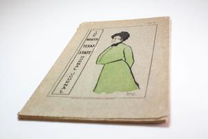 White booklet. The words North Texas State Normal college on the left side of it going downwards. On the right side is a drawing of a woman in a green dress.