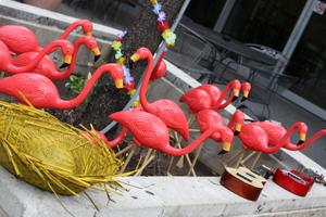 Primary view of object titled '[Flamingo decorations at LSRFA kick-off]'.