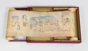 A box is seen, opened up from the top. Inside of it is a scroll, with the paper extended out to show an ancient drawing in color.