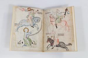 Libro abierto con dibujos medievales en ambas páginas. En la página izquierda aparece un hombre sosteniendo un arco y una flecha mientras monta un caballo. Debajo hay una mujer arrodillada. En la página derecha hay una mujer montada de espaldas en un caballo con el cara de un hombre. Debajo hay un hombre montando a caballo.