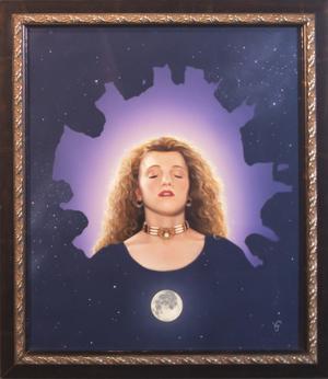 A picture of a womans head in a starry dark sky. She has long curly blonde hair, and a golf choker on her neck. Over her head is a splotch of light purple. Underneath her is a full, bright moon.