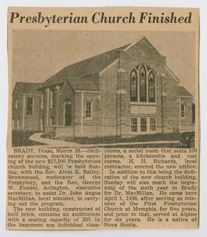 Primary view of object titled '[Clipping: Presbyterian Church Finished]'.