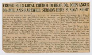 Primary view of object titled '[Clipping: Crowd Fills Local Church to Hear Dr. John Angus MacMillan's Farewell Sermon Here Sunday Night]'.