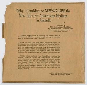 Primary view of object titled '[Clipping: "Why I Consider the News-Globe the Most Effective Advertising Medium in Amarillo]'.