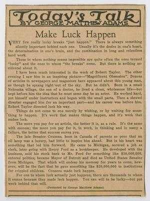 Primary view of object titled '[Clipping: Today's Talk - Make Luck Happen]'.