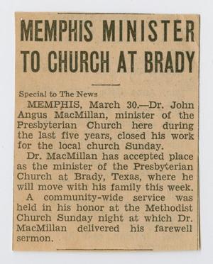 Primary view of object titled '[Clipping: Memphis Minister to Church at Brady]'.