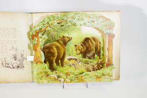 Closeup of a pop-up page in a book. The pop-up scene is of two big brown  bears standing on some grass in the middle of the woods.