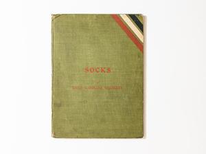 Dirty green book cover, the top right corner has an orange, white and black stripe. The middle of the book has the title in orange.