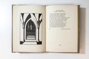 An open book, the page on the left containing an illustration of an arched doorway. The page on the right is title The Crusader, text underneath it.