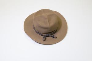 Light brown cowboy hat, a black rope around the rim of it.
