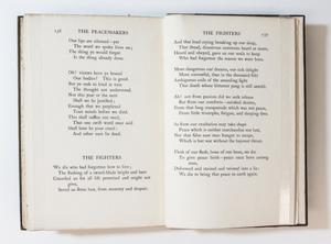 A book open, the page on the left containing two poems, one title Peacemakers, the one at the bottom title Fighters. On the right page is a continuation of the Fighters poem.