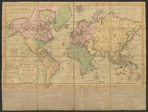 Mapa del mundo con muchos pliegues y una línea de puntos que muestra el movimiento a lo largo del mapa, con una lista de instrucciones e información de juego a lo largo de el cuarto inferior del tablero.