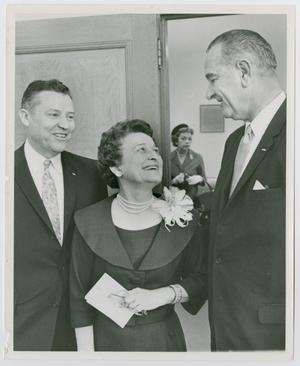 Primary view of object titled '[Photograph of Sarah T. Hughes, Lyndon B. Johnson and Ralph Yarborough]'.