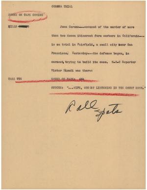 Primary view of object titled '[News Script: Corona trial]'.