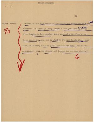 Primary view of object titled '[News Script: Leary arrested]'.