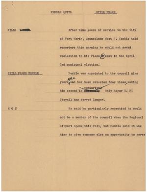 Primary view of object titled '[News Script: Kemble quits]'.