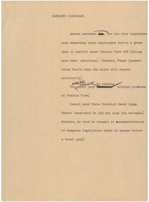 Primary view of object titled '[News Script: Warrants cancelled]'.